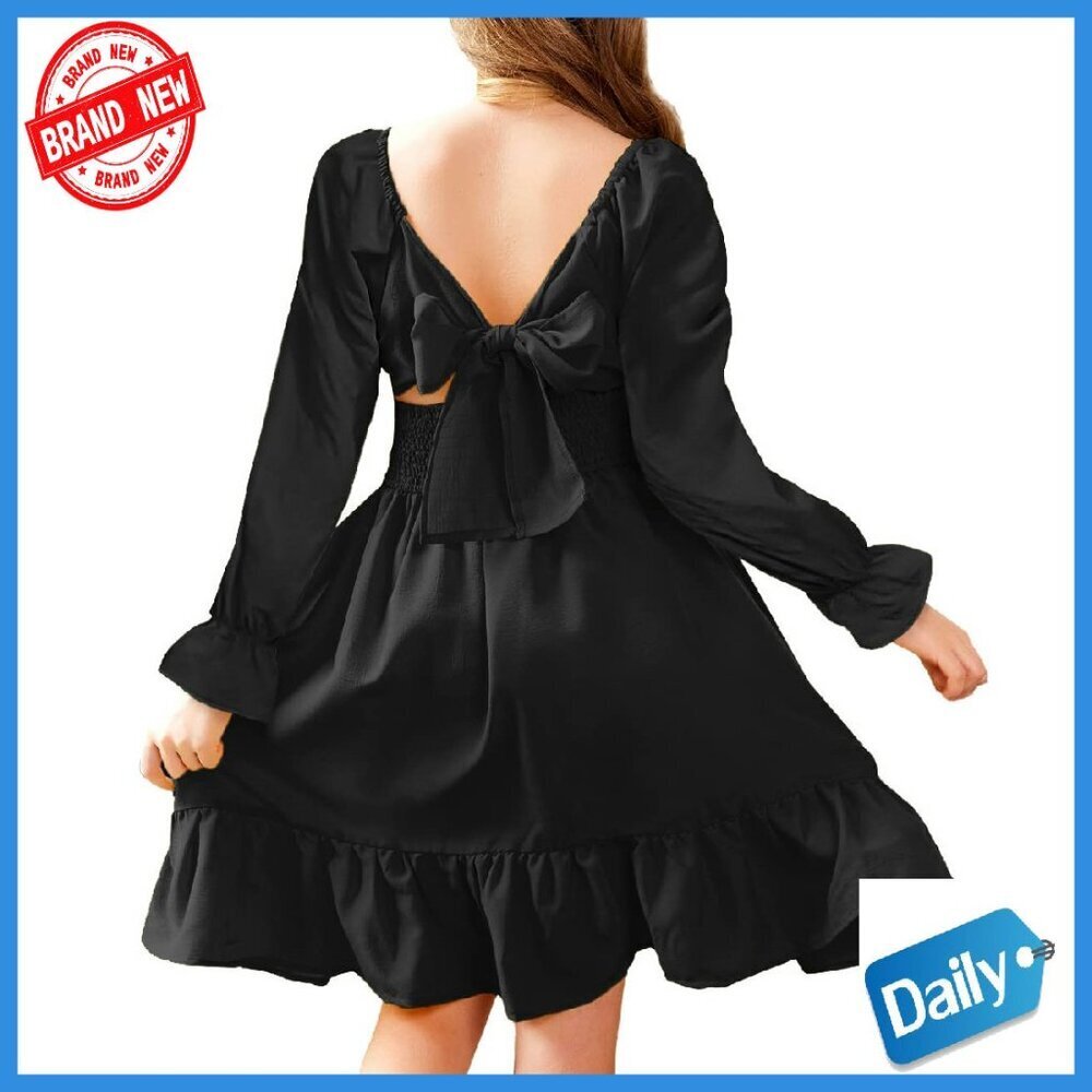 Girls Long Sleeve Off Shoulder Tie Back Casual Dress A-Line Style